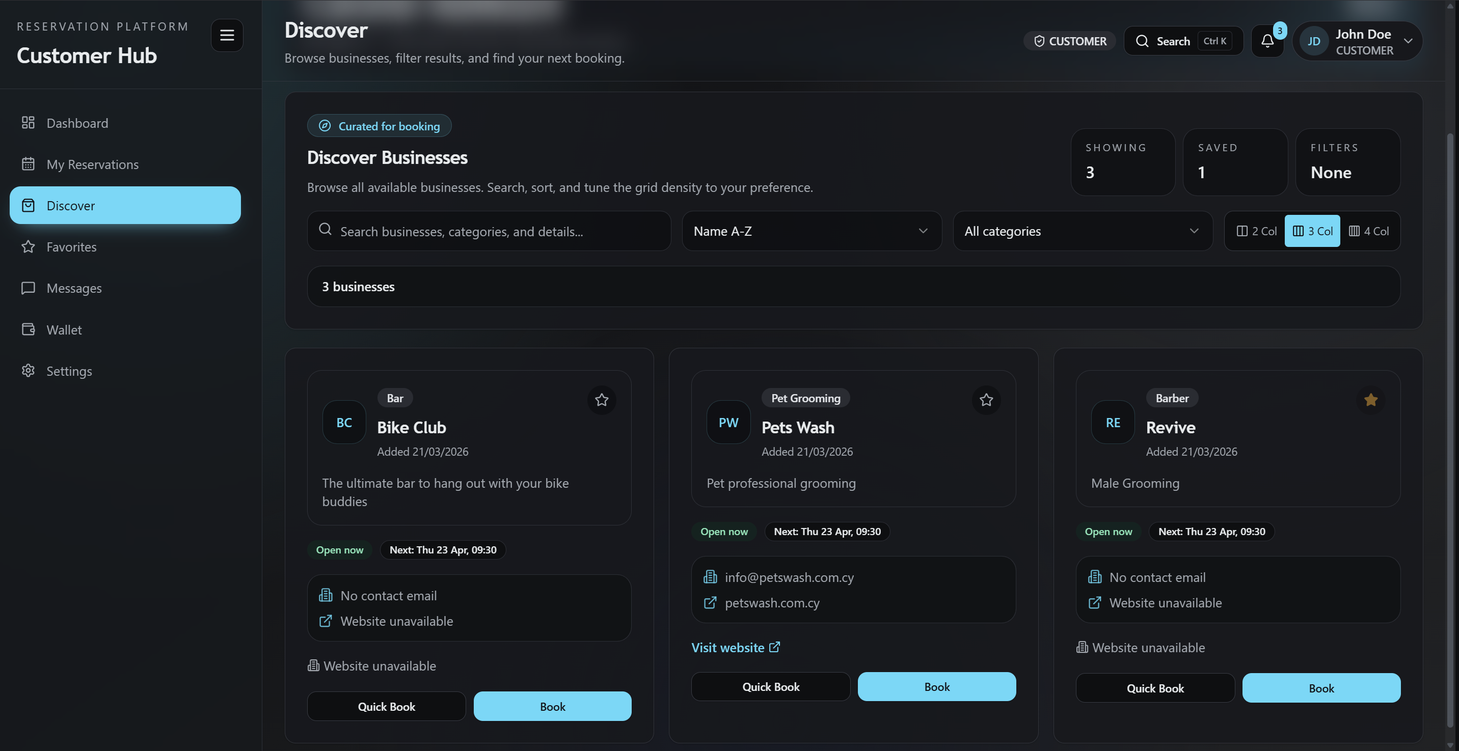 Customer discovery screen showing business search, filters, and quick booking cards.